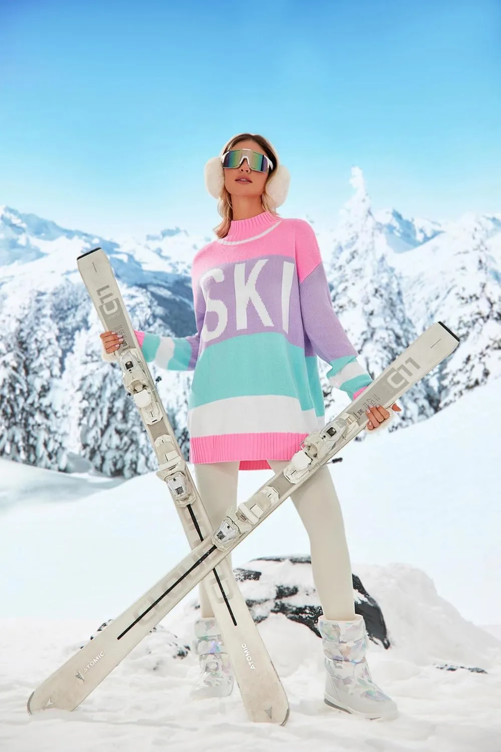Yousify Womens Sweaters Fall 2024 Oversized Color Block Ski Sweater Crewneck Winter Tops S-2XL