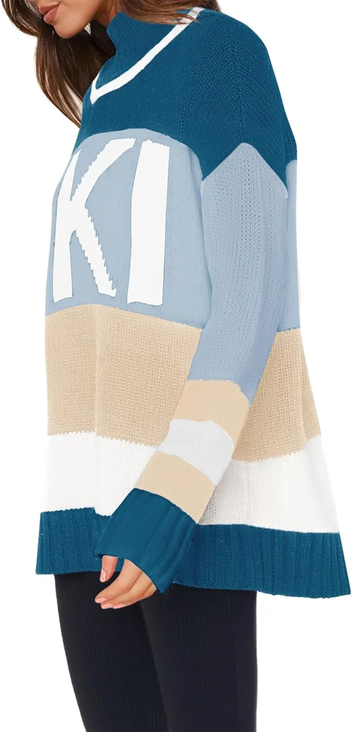 Yousify Womens Sweaters Fall 2024 Oversized Color Block Ski Sweater Crewneck Winter Tops S-2XL