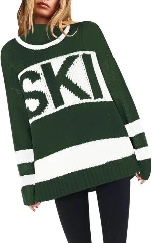 Yousify Womens Sweaters Fall 2024 Oversized Color Block Ski Sweater Crewneck Winter Tops S-2XL
