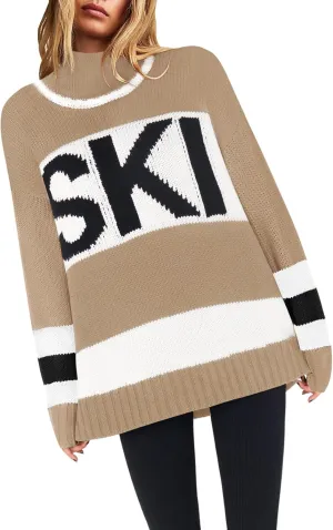Yousify Womens Sweaters Fall 2024 Oversized Color Block Ski Sweater Crewneck Winter Tops S-2XL