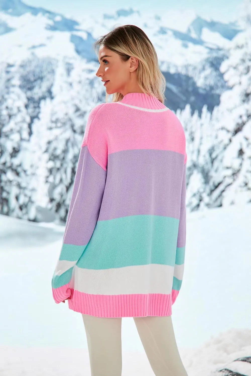 Yousify Womens Sweaters Fall 2024 Oversized Color Block Ski Sweater Crewneck Winter Tops S-2XL