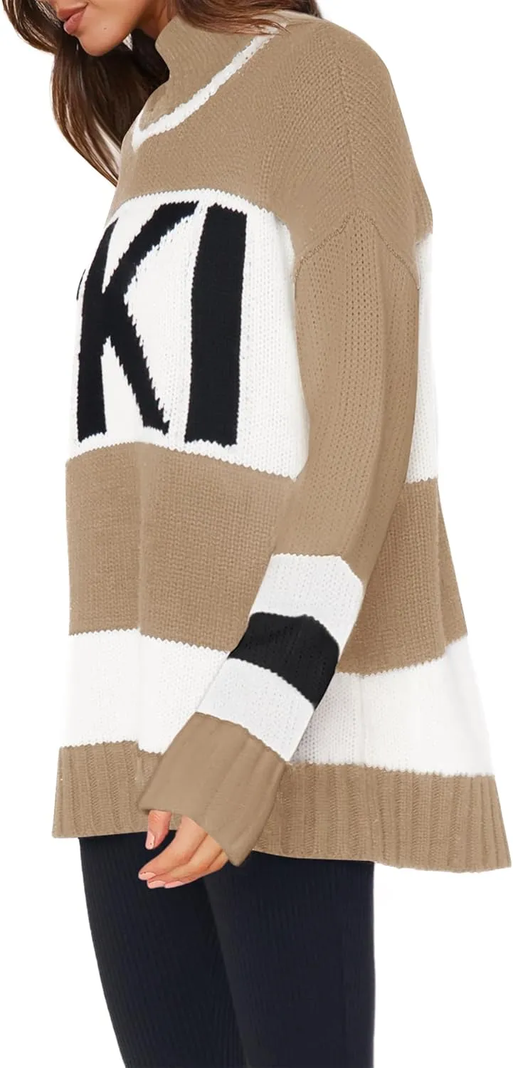 Yousify Womens Sweaters Fall 2024 Oversized Color Block Ski Sweater Crewneck Winter Tops S-2XL