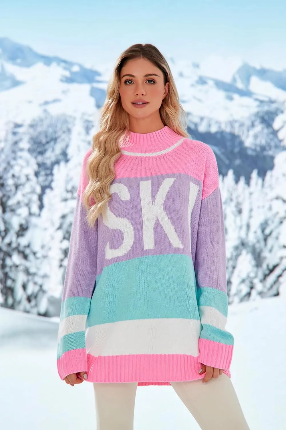 Yousify Womens Sweaters Fall 2024 Oversized Color Block Ski Sweater Crewneck Winter Tops S-2XL