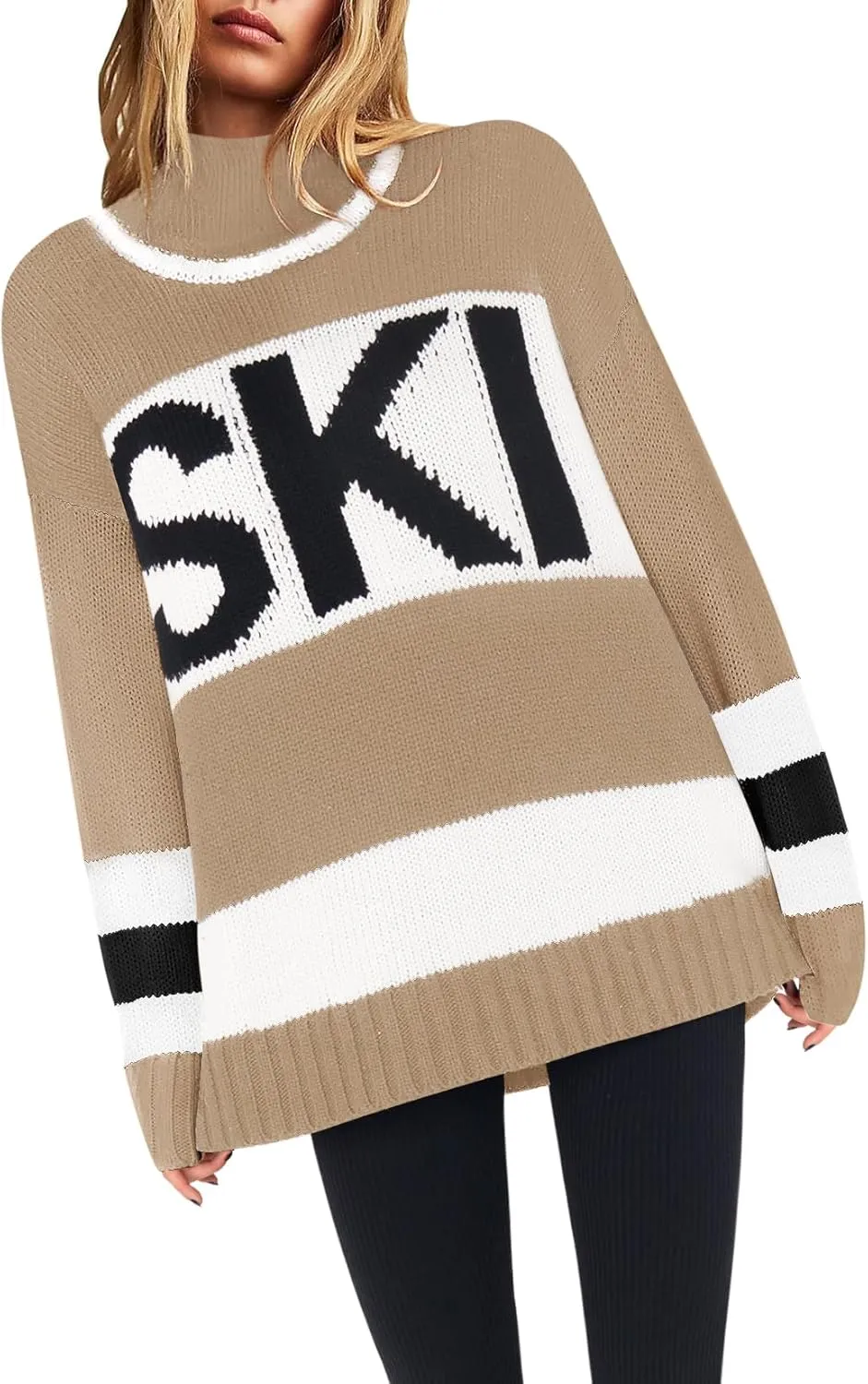 Yousify Womens Sweaters Fall 2024 Oversized Color Block Ski Sweater Crewneck Winter Tops S-2XL