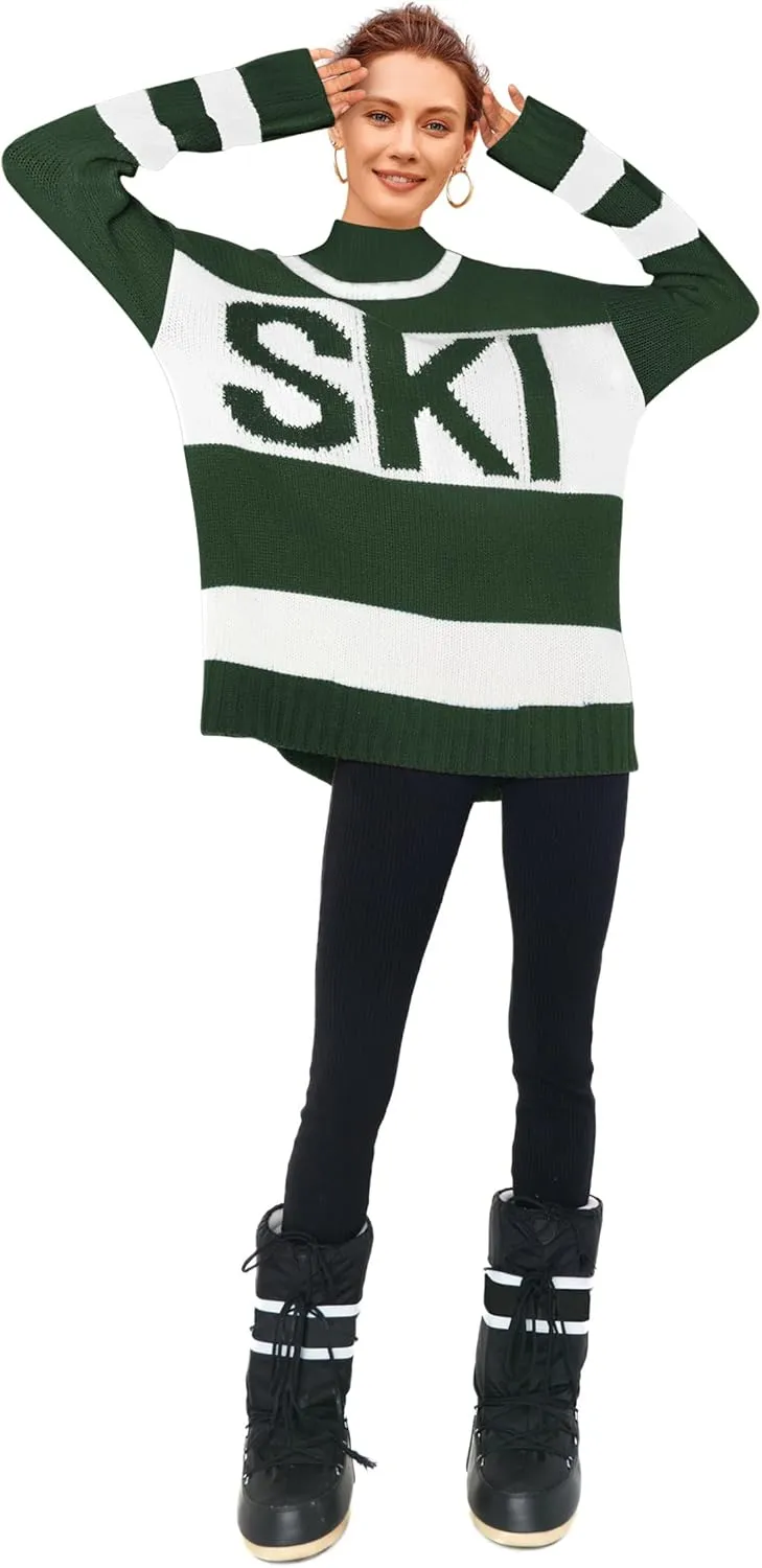 Yousify Womens Sweaters Fall 2024 Oversized Color Block Ski Sweater Crewneck Winter Tops S-2XL