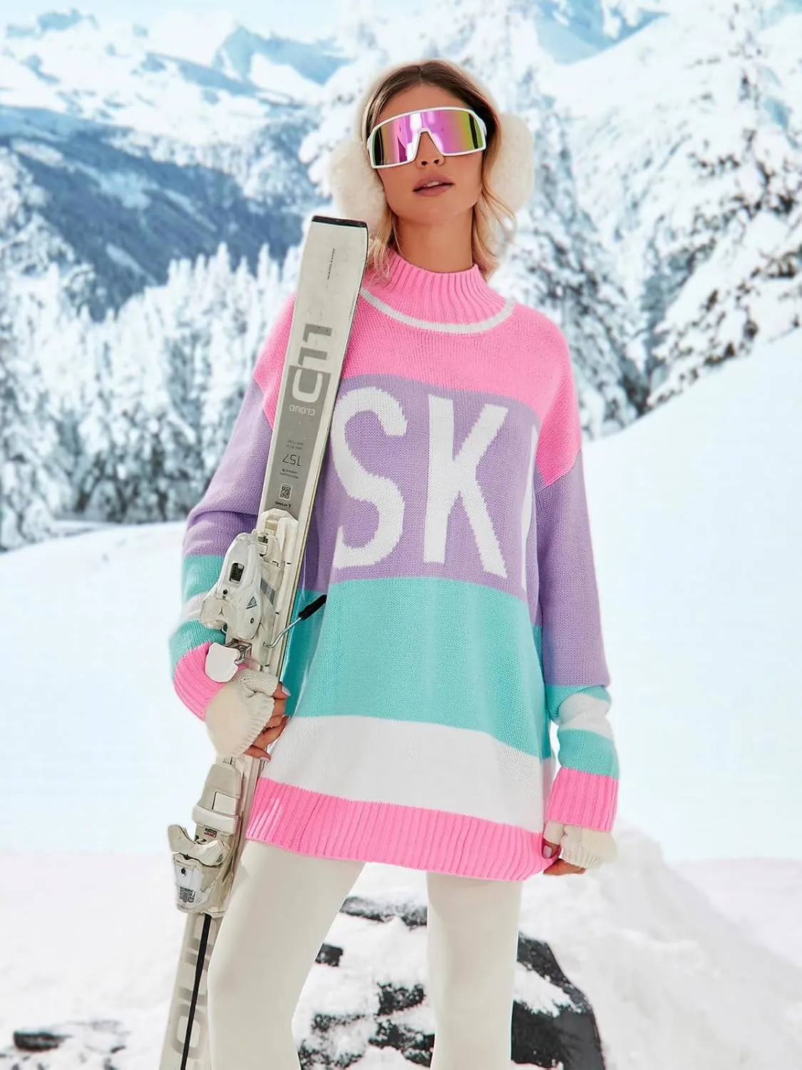 Yousify Womens Sweaters Fall 2024 Oversized Color Block Ski Sweater Crewneck Winter Tops S-2XL