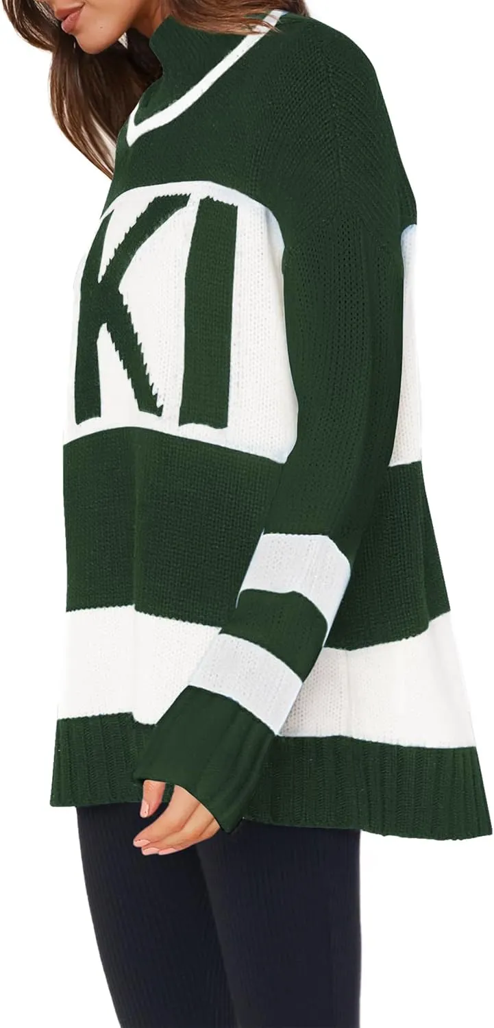 Yousify Womens Sweaters Fall 2024 Oversized Color Block Ski Sweater Crewneck Winter Tops S-2XL