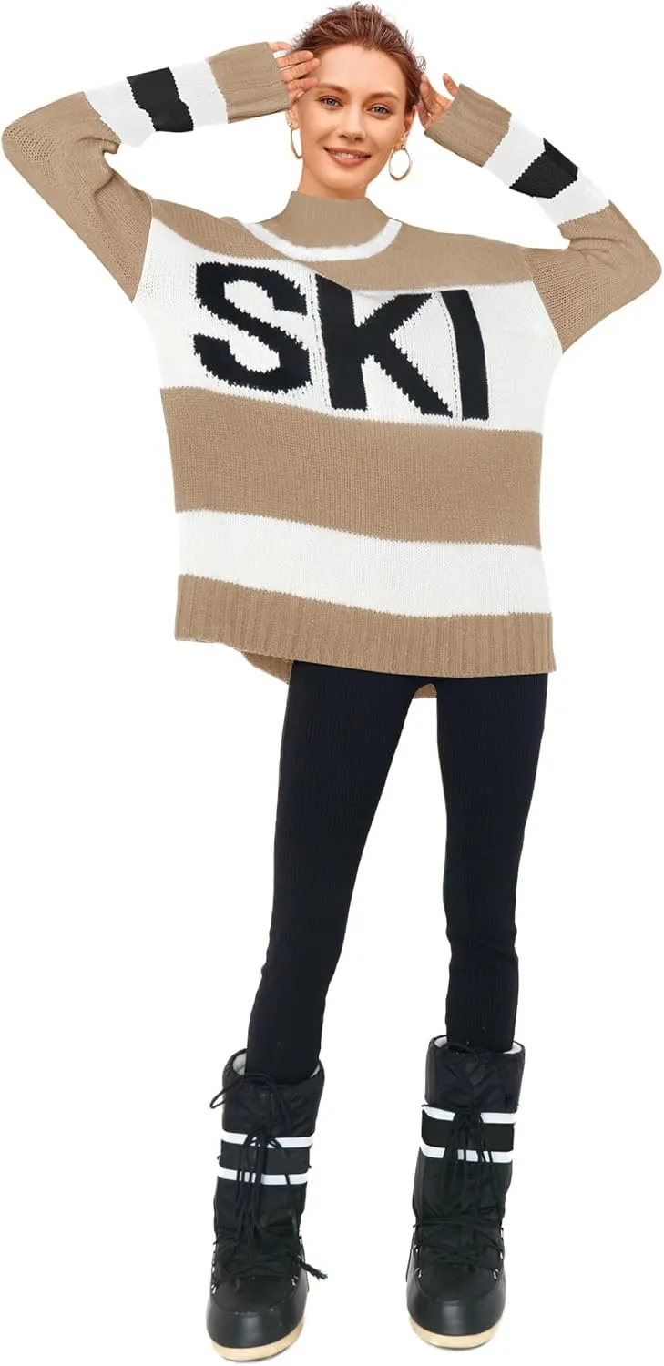 Yousify Womens Sweaters Fall 2024 Oversized Color Block Ski Sweater Crewneck Winter Tops S-2XL