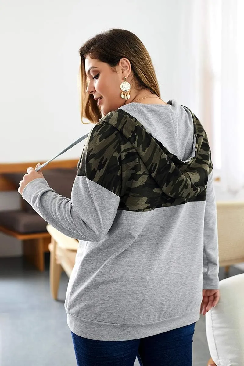 YOXUA Women's Plus Size Casual Hoodies Sweatshirt,Long Sleeve Camouflage Patchwork Full Zipper Drawstring Top with Pocket
