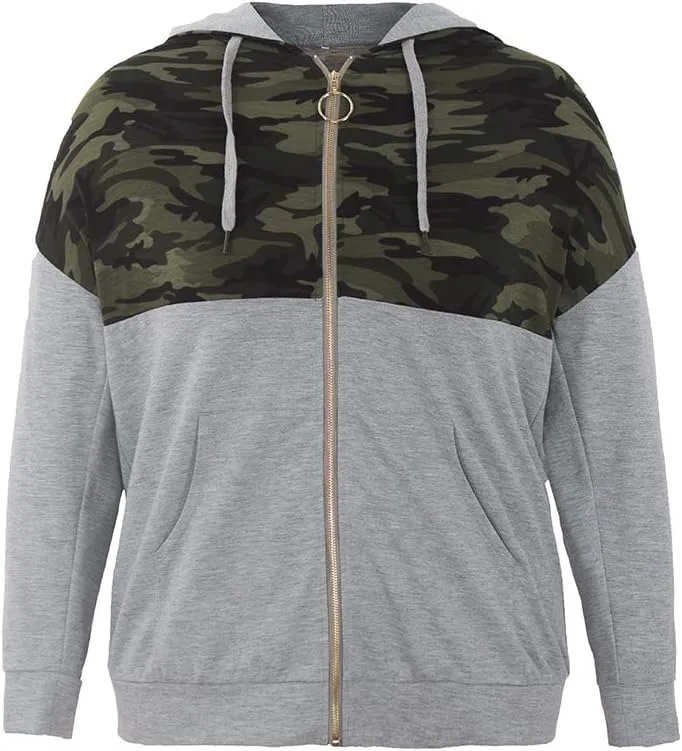 YOXUA Women's Plus Size Casual Hoodies Sweatshirt,Long Sleeve Camouflage Patchwork Full Zipper Drawstring Top with Pocket