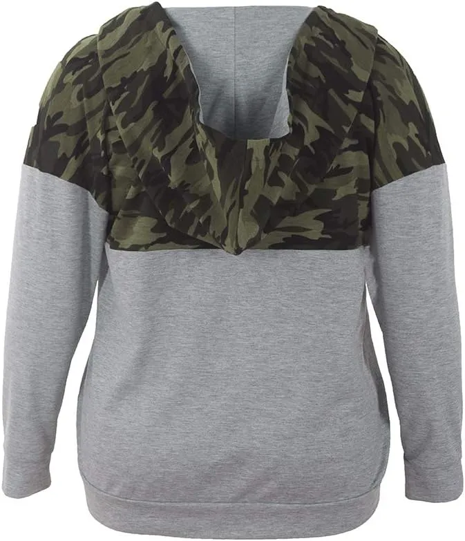 YOXUA Women's Plus Size Casual Hoodies Sweatshirt,Long Sleeve Camouflage Patchwork Full Zipper Drawstring Top with Pocket