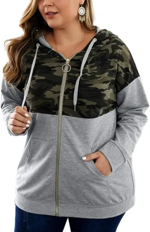 YOXUA Women's Plus Size Casual Hoodies Sweatshirt,Long Sleeve Camouflage Patchwork Full Zipper Drawstring Top with Pocket