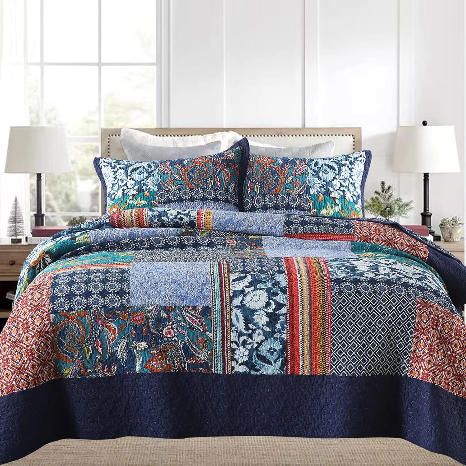 Yvooxny King Quilt Set Reversible Lightweight Bohemian Paisley Patchwork Cotton Quilted Bedspread Coverlet Set 3-Piece Bedding Set with Pillowcases for All Seasons, King Size, 108 * 96 Inches