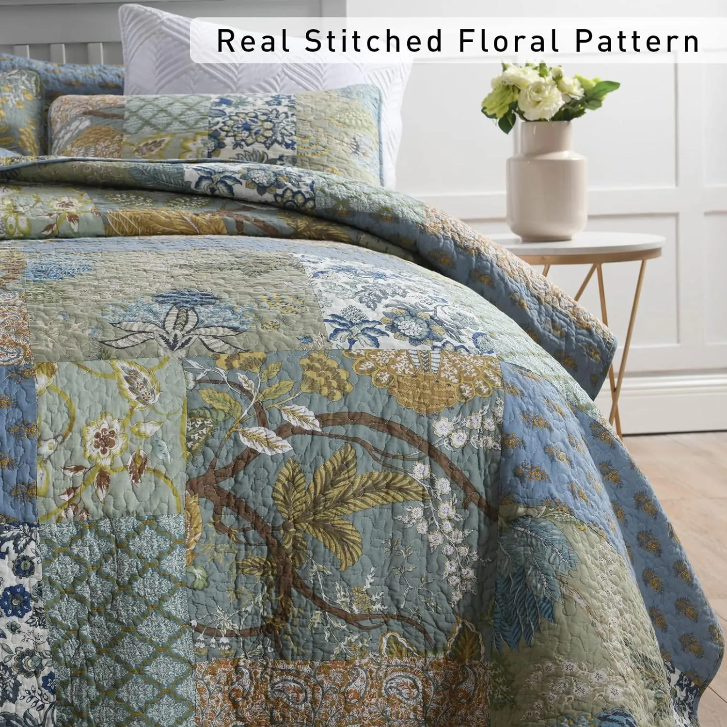 Yvooxny Quilt Set Queen Bedspread Reversible Green Farmhouse Garden Coverlet Real Patchwork Quilt Set for All Seasons, Bohemian Floral Pattern, Queen Size
