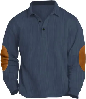 ZAFUL Men's Corduroy Shirts Solid Suede Patchwork Half Button Long Sleeve Pullover Jacket Polo Shirt Casual Collared Shirt(Navy Blue,M)