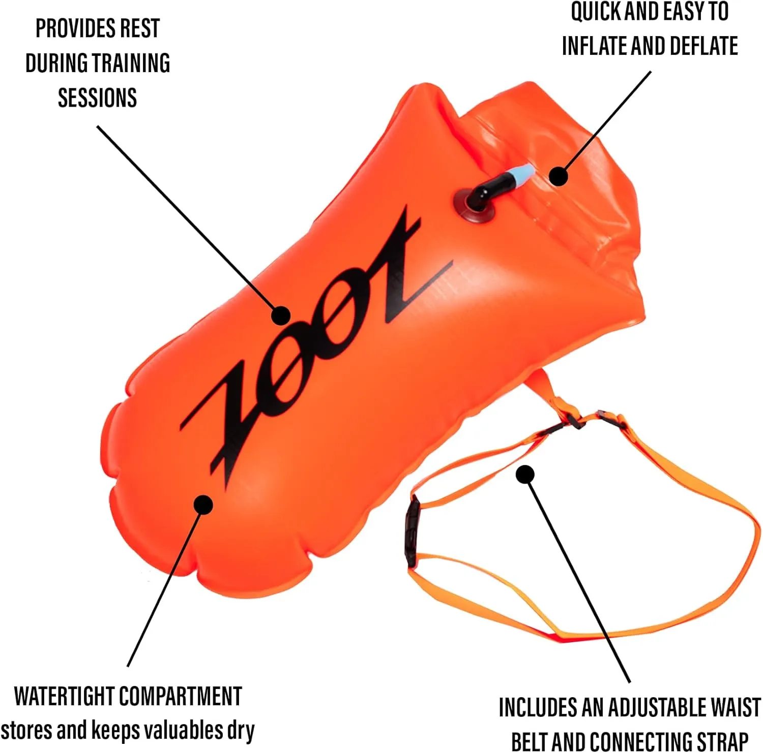 Zoot Ultra Swim Safety Buoy & Dry Bag, High-Visibility Open-Water Safety Floatation Device with Storage for Long-Distance Swimming Training Sessions (15L) - Neon Orange - 15L