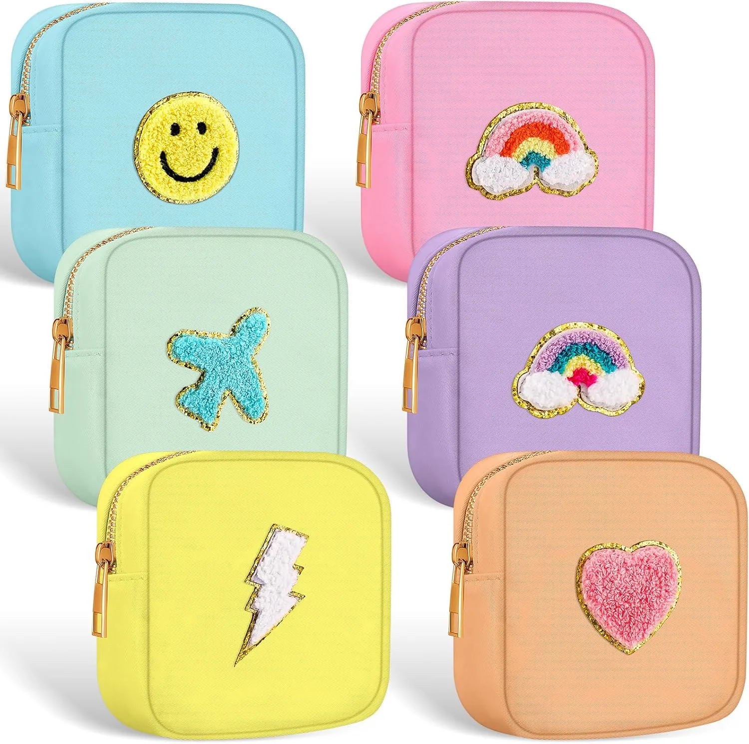 Zubebe 6 Pcs Preppy Patch Cute Makeup Bags Toiletry Bags Skincare Pouch Chenille Letter Nylon Bag for Purse Small Zipper Cosmetic Makeup Pouch Preppy Things for Travel(Fresh Color)