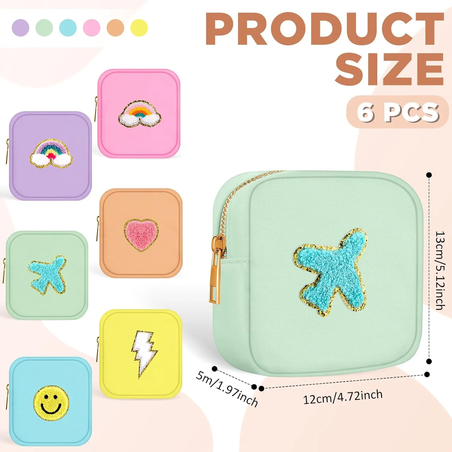 Zubebe 6 Pcs Preppy Patch Cute Makeup Bags Toiletry Bags Skincare Pouch Chenille Letter Nylon Bag for Purse Small Zipper Cosmetic Makeup Pouch Preppy Things for Travel(Fresh Color)