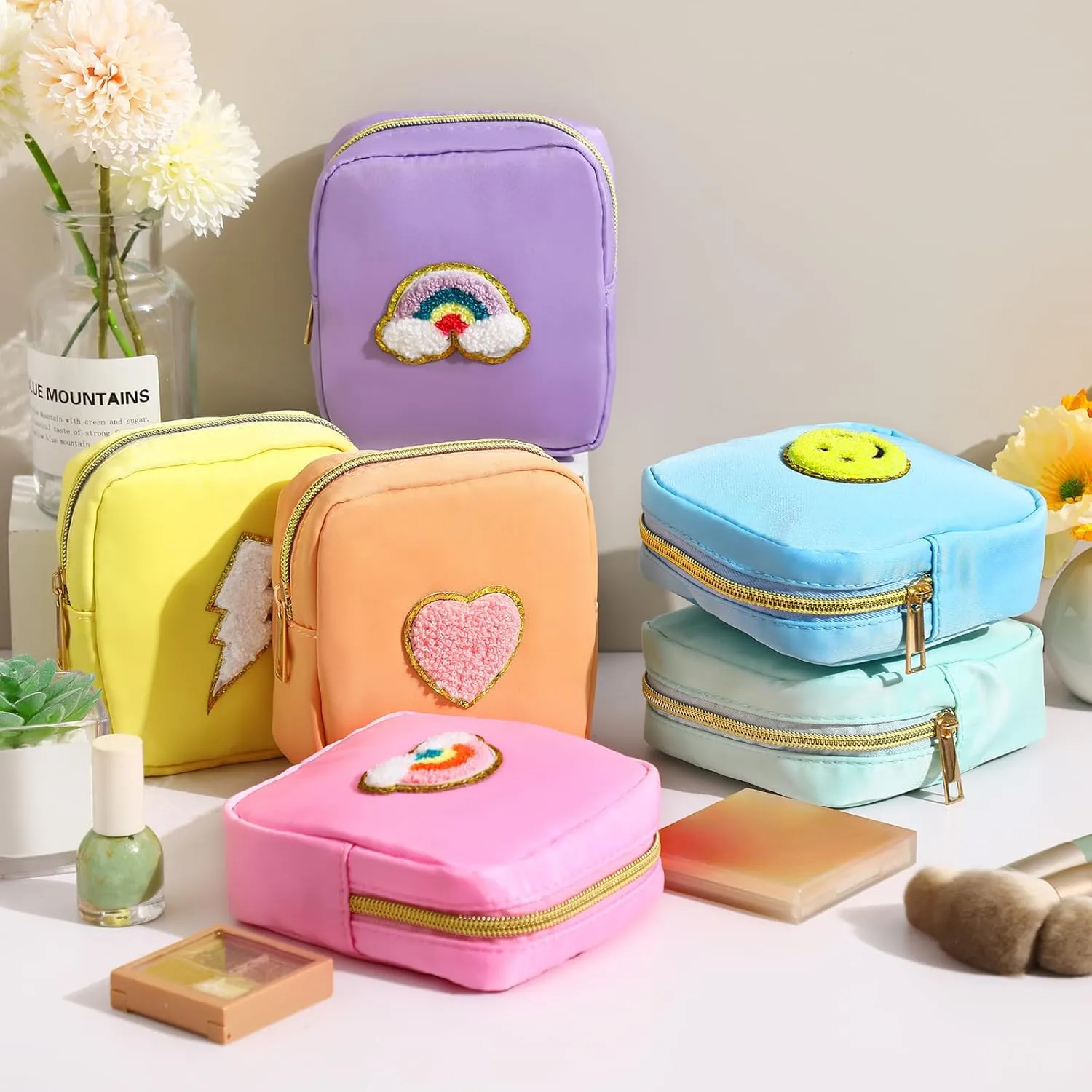 Zubebe 6 Pcs Preppy Patch Cute Makeup Bags Toiletry Bags Skincare Pouch Chenille Letter Nylon Bag for Purse Small Zipper Cosmetic Makeup Pouch Preppy Things for Travel(Fresh Color)