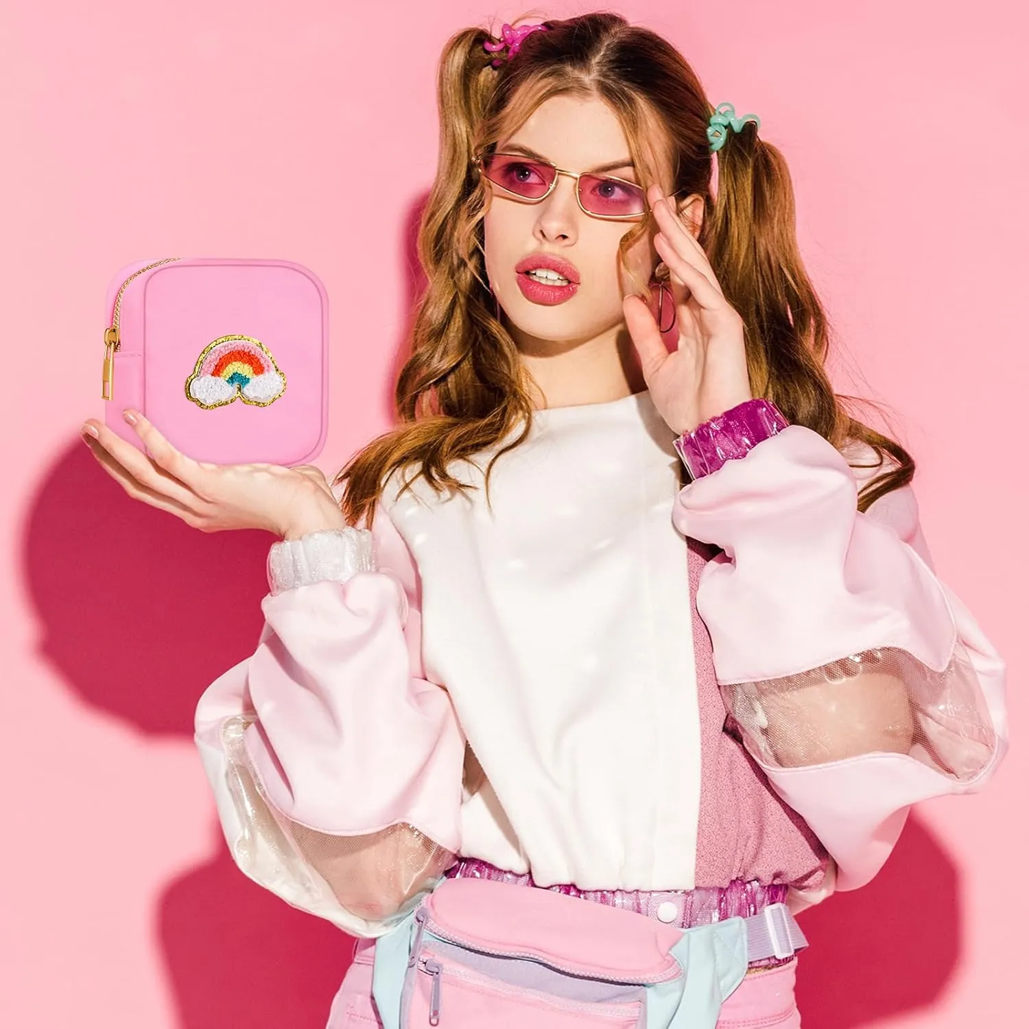 Zubebe 6 Pcs Preppy Patch Cute Makeup Bags Toiletry Bags Skincare Pouch Chenille Letter Nylon Bag for Purse Small Zipper Cosmetic Makeup Pouch Preppy Things for Travel(Fresh Color)