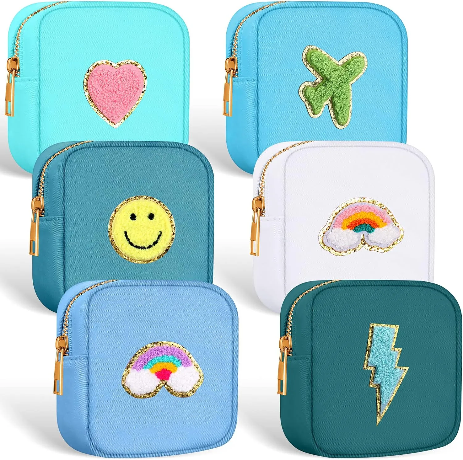 Zubebe 6 Pcs Preppy Patch Cute Makeup Bags Toiletry Bags Skincare Pouch Chenille Letter Nylon Bag for Purse Small Zipper Cosmetic Makeup Pouch Preppy Things for Travel(Stylish Color)