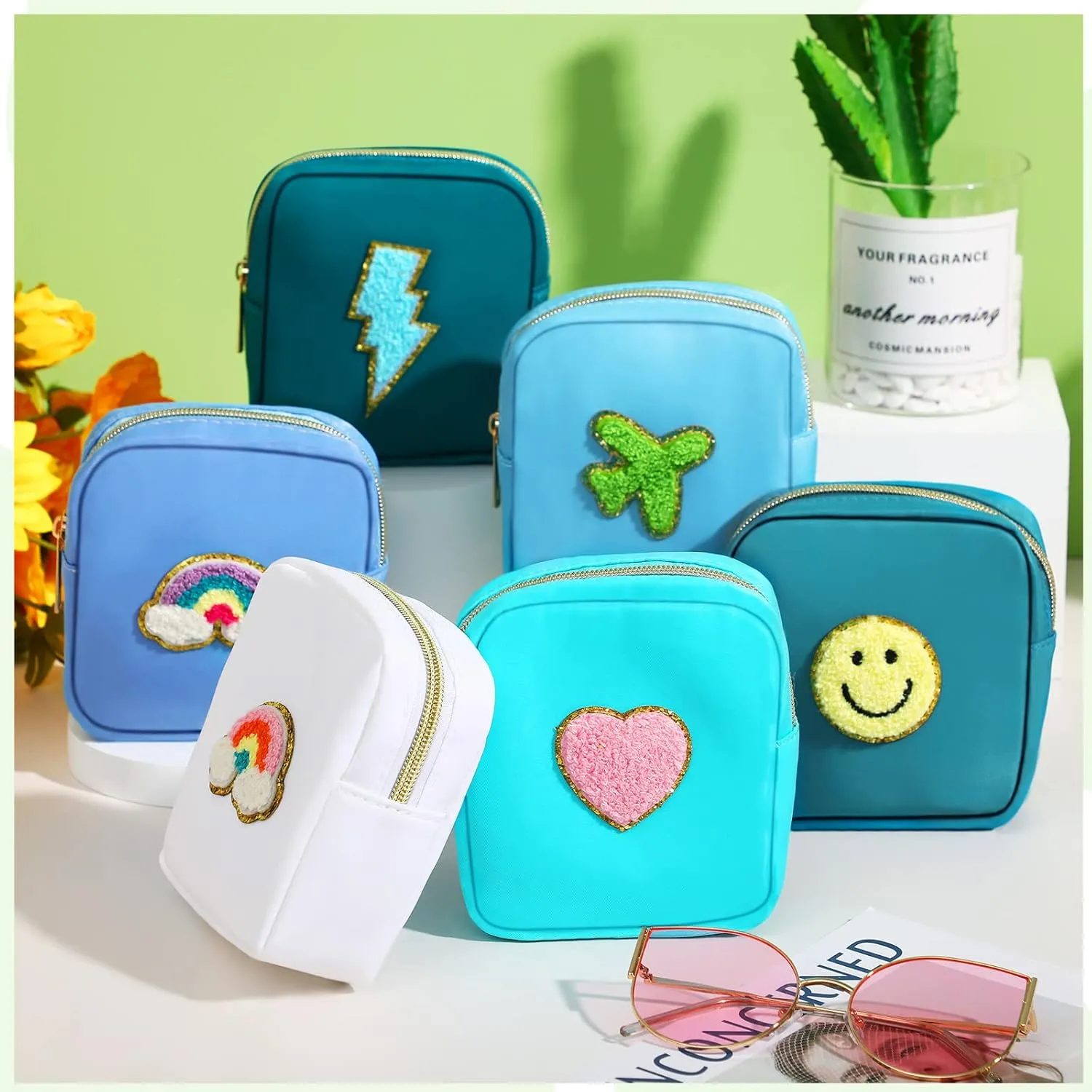 Zubebe 6 Pcs Preppy Patch Cute Makeup Bags Toiletry Bags Skincare Pouch Chenille Letter Nylon Bag for Purse Small Zipper Cosmetic Makeup Pouch Preppy Things for Travel(Stylish Color)