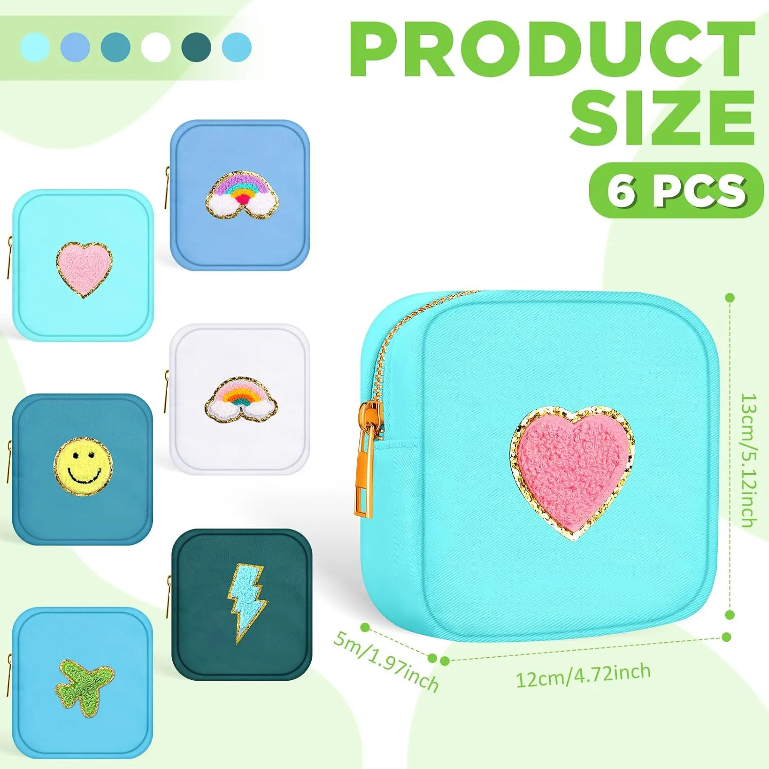 Zubebe 6 Pcs Preppy Patch Cute Makeup Bags Toiletry Bags Skincare Pouch Chenille Letter Nylon Bag for Purse Small Zipper Cosmetic Makeup Pouch Preppy Things for Travel(Stylish Color)