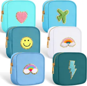 Zubebe 6 Pcs Preppy Patch Cute Makeup Bags Toiletry Bags Skincare Pouch Chenille Letter Nylon Bag for Purse Small Zipper Cosmetic Makeup Pouch Preppy Things for Travel(Stylish Color)